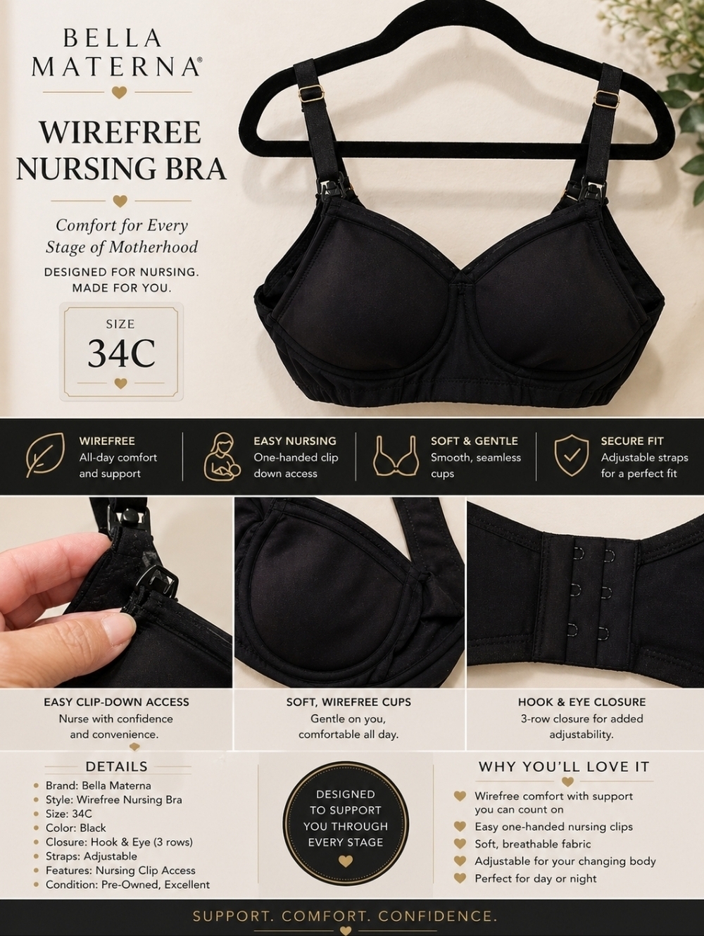 Bella Materna Wirefree Nursing Bra Black Sz 34C Clip Down Maternity Bra